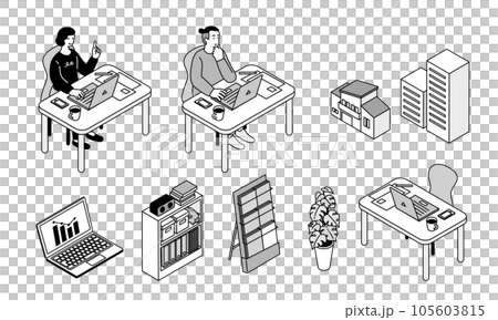 アイソメトリック　リモートワークをする人々のシンプルなイラストセット 105603815