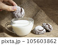 Breakfast with milk, chocolate chip cookies and a cup of fresh milk 105603862
