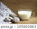 Breakfast with milk, chocolate chip cookies and a cup of fresh milk 105603863