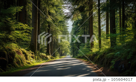 The paved road in the forest presents a beautiful natural The paved road in the forest presents a beautiful natural 105604017