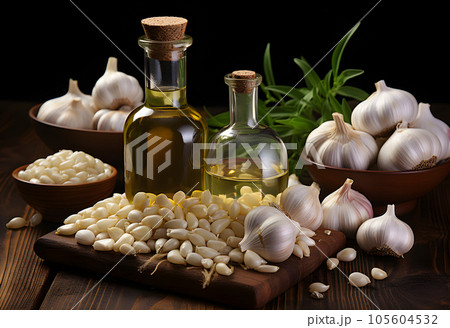 Garlic, olive oil, garlic cloves and basil on wooden table Garlic, olive oil, garlic cloves and basil on wooden table 105604532