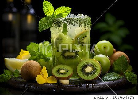 A glass of kiwi cocktail with ice and mint on a black background 105604578