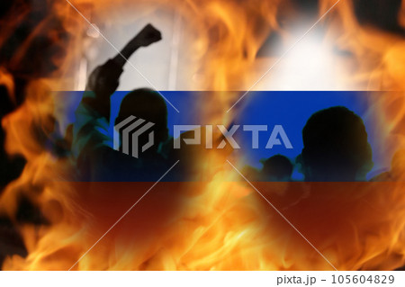 Civil war in Russia concept. PMK Wagner against the Russian army. Prigozhin against Putin. Flag. Protesters in moscow region. Fire and flame 105604829