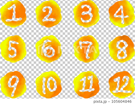 水彩風手描きの数字セット（オレンジ系）のイラスト素材 [105604846
