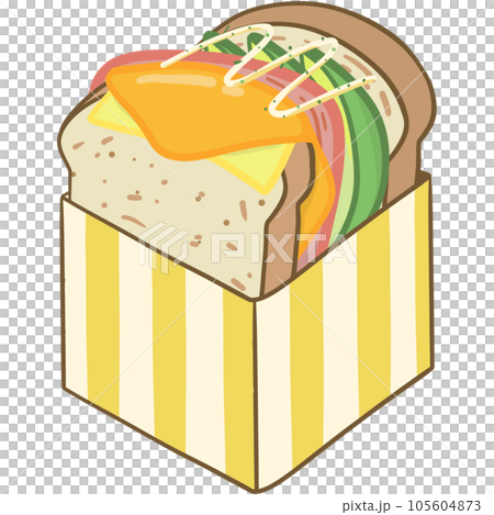 Delicious sandwich, filled with vegetables, meat, bacon. In cartoon style 105604873