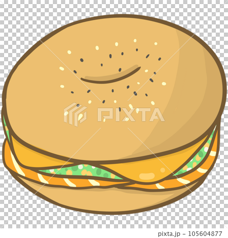 Delicious sandwich, filled with vegetables, meat, bacon. In cartoon style Delicious sandwich, filled with vegetables, meat, bacon. In cartoon style 105604877