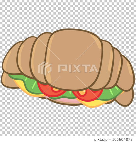Delicious sandwich, filled with vegetables, meat, bacon. In cartoon style 105604878