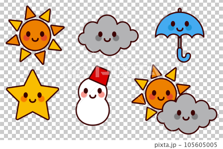 一組微笑的天氣圖標（太陽、雲、雨傘、星星、雪人、陰天有時晴） 105605005