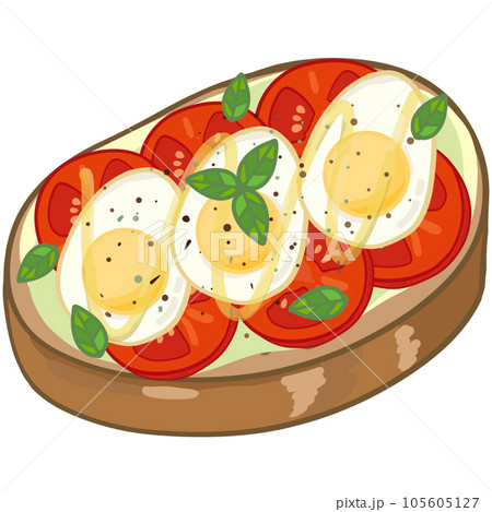 Delicious open sandwich, filled with vegetables, meat. In cartoon style 105605127