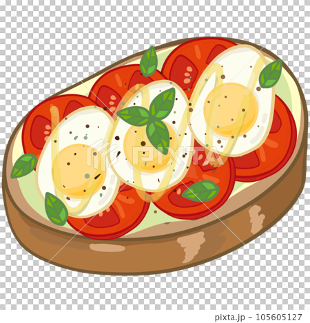 Delicious open sandwich, filled with vegetables, meat. In cartoon style 105605127