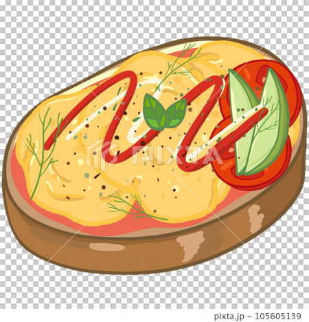 Delicious open sandwich, filled with vegetables, meat. In cartoon style 105605139