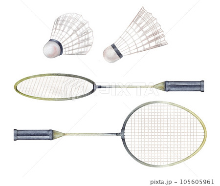 Sports equipment set, for badminton, shuttlecock. Watercolor illustration on a white isolated background. Athletic lifestyle, sport design. Clipart Sports equipment set, for badminton, shuttlecock. Watercolor illustration on a white isolated background. Athletic lifestyle, sport design. Clipart 105605961