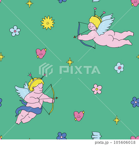 Beautiful vector kid seamless pattern with cute hand drawn little putti angels with flowers and hearts. Stock illustration. 105606018