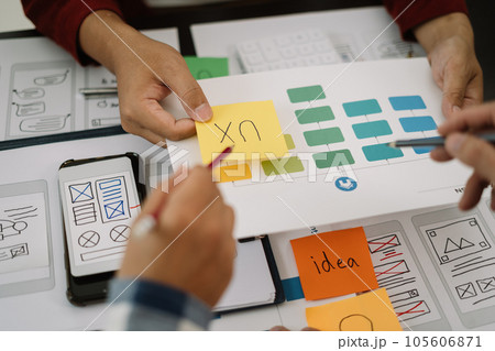 Creative male web designer planning application development for web mobile phone at modern workplace. Creative male web designer planning application development for web mobile phone at modern workplace. 105606871