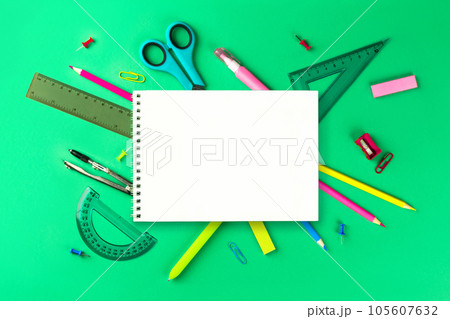 Flat lay composition with school supplies. composition with colorful stationery and whitenotebook, copy space. Back top school concept. Top view, overhead. Flat lay composition with school supplies. composition with colorful stationery and whitenotebook, copy space. Back top school concept. Top view, overhead. 105607632