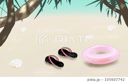 夏の浜辺にヤシの木とピンクの浮き輪と可愛いビーチサンダルのイラストのイラスト素材 [105607742] - PIXTA