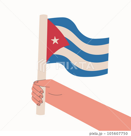 Hand holding the flag of the Republic of Cuba. Blue and white stripes, white star on a red triangle. Vector isolated illustration for design. 105607750
