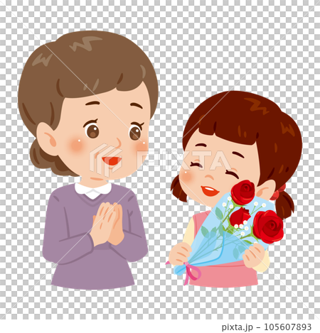 A girl who presents a bouquet to a middle-aged woman A girl who presents a bouquet to a middle-aged woman 105607893