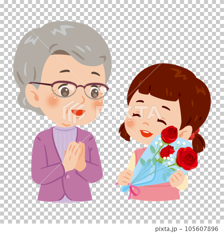 Girl giving a bouquet to an elderly woman Girl giving a bouquet to an elderly woman 105607896