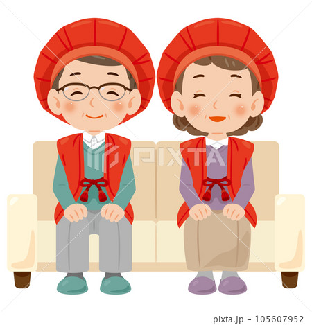 ちゃんちゃんこを着てソファに座る還暦の男女 ちゃんちゃんこを着てソファに座る還暦の男女 105607952