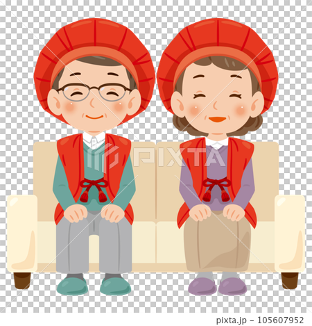 ちゃんちゃんこを着てソファに座る還暦の男女 ちゃんちゃんこを着てソファに座る還暦の男女 105607952