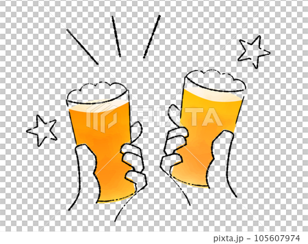 ビールで乾杯する手の手描きイラスト ビールで乾杯する手の手描きイラスト 105607974