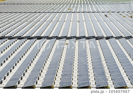 View of the floating Solar power system on the flood detention basin in Kaohsiung, Taiwan. 105607987