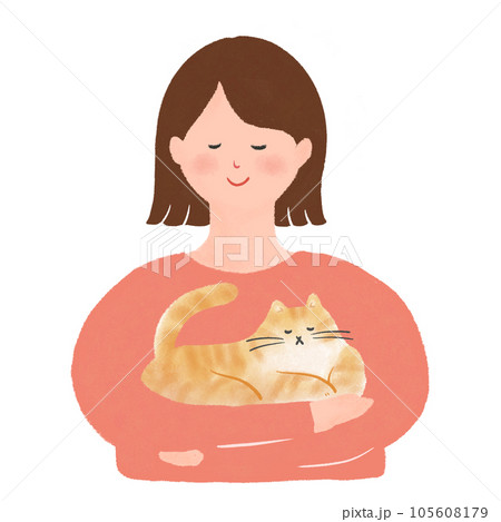 三毛猫を抱きながら微笑む女性のイラスト 105608179
