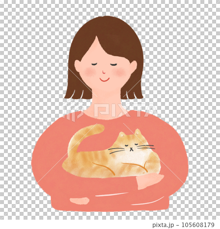 三毛猫を抱きながら微笑む女性のイラスト 105608179