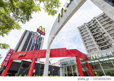 View of McDonald's fast-food chain in downtown Kaohsiung, Taiwan. it's the world's largest restaurant chain by revenue.  105608260