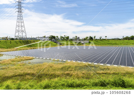 View of the floating Solar power system on the flood detention basin in Kaohsiung, Taiwan. 105608268