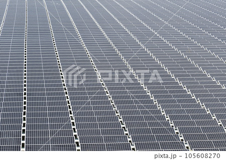 Close-up of the floating Solar power system on the flood detention basin. 105608270