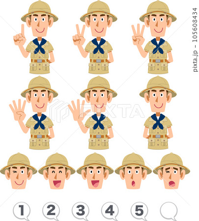指で数字を数える探検家の服を着た男性　表情と数字のセット 105608434