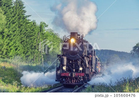 Retro steam train moves in the forest. Retro steam train moves in the forest. 105608476