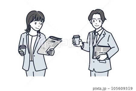 人物　新聞を読むスーツの女性、男性 105609319