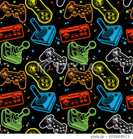 Seamless bright pattern with joysticks, motley gamepads seamless pattern, console gaming print, vector 105609613