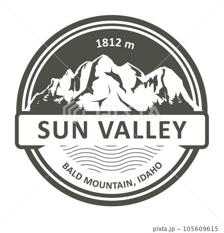 Stamp of Sun Valley in Idaho state, emblem with Bald Mountain peak, ski resort, vector 105609615