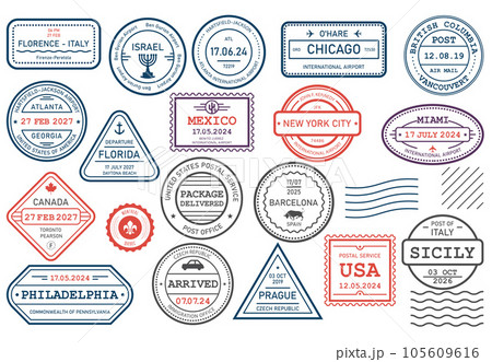 International travel visa stamps, arrival and departure passport rubber stamp, journey prints, vector 105609616