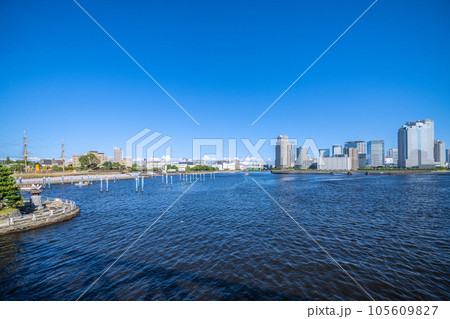 日本の東京都市景観　相生橋から中の島公園（画面左）や東京海洋大学、豊洲水門、屋形船(新浪）などを望む 105609827