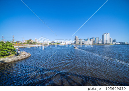 日本の東京都市景観　相生橋から中の島公園（画面左）や東京海洋大学、豊洲水門、屋形船(新浪）などを望む 105609830