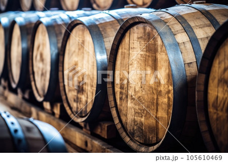 Wooden oak Port barrels in neat rows 105610469