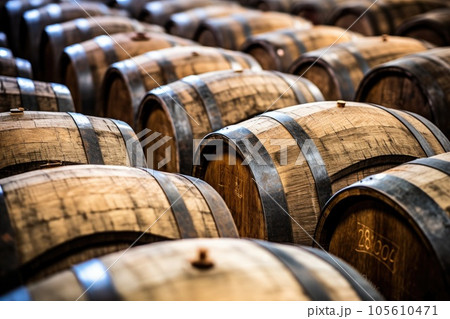 Wooden oak Port barrels in neat rows 105610471