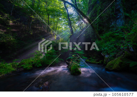 【光芒素材】夏の竜返しの滝【長野県】 105610577