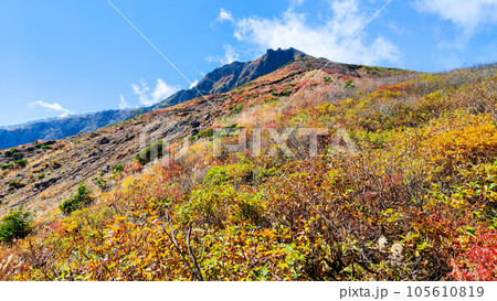 秋の磐梯山登山：沼ノ平～天狗岩（登山道から磐梯山を望む） 105610819