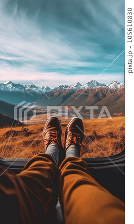 Feet on the Dashboard of a Car with a Mountain View (AI Generated) 105610830