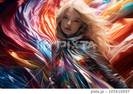 Female wearing elegant fabric colorful blended dress, elegant fashion, intricate holographic fabric, AI Generated 105610897