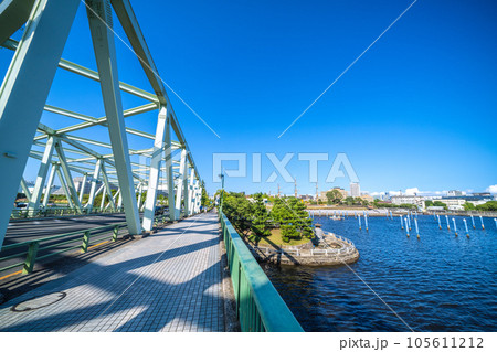 日本の東京都市景観 相生橋たもとの江東区立「中の島公園」や東京海洋大学越中島キャンパスなどを望む 105611212
