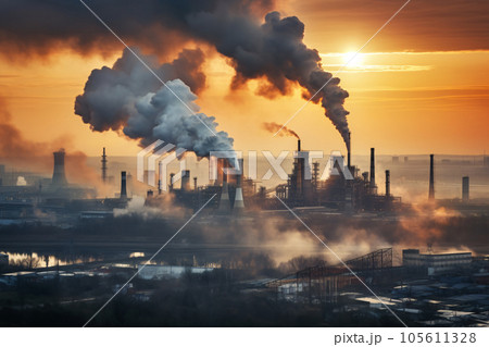Industrial factory tall smokestacks released smoky emissions from smoke pipes. CO2 greenhouse gas, deteriorating air quality, air pollution, and climate change. Carbon dioxide gas. Generative AI. 105611328