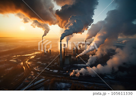 Industrial factory tall smokestacks released smoky emissions from smoke pipes. CO2 greenhouse gas, deteriorating air quality, air pollution, and climate change. Carbon dioxide gas. Generative AI. 105611330