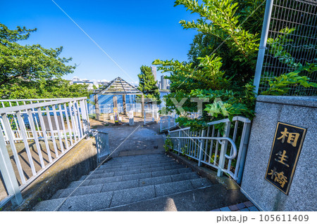 日本の東京都市景観 相生橋たもとの江東区立「中の島公園」などを望む(画面奥は豊洲) 日本の東京都市景観 相生橋たもとの江東区立「中の島公園」などを望む(画面奥は豊洲) 105611409
